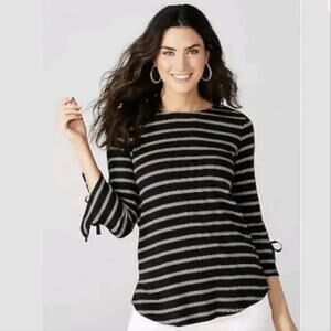 J.Jill Pima Cotton Tie Sleeve Striped 3/4 Sleeve Top Black White Casual M
